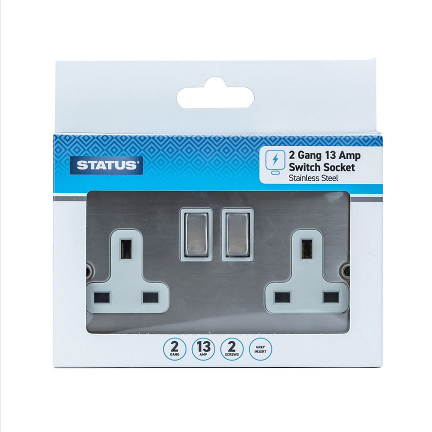 Status 2 Gang 2 Way Light switch Stainless Steel with Grey Insert GOODS ASDA   