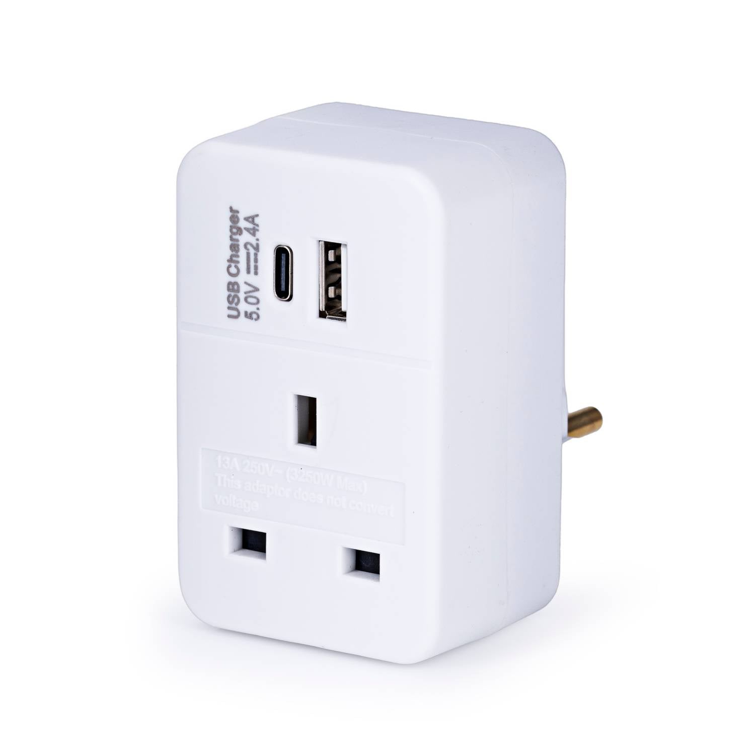 European travel adaptor with USB-A and USB-C ports, UK version