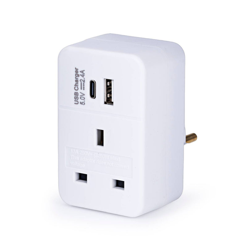 European travel adaptor with USB-A and USB-C ports, UK version