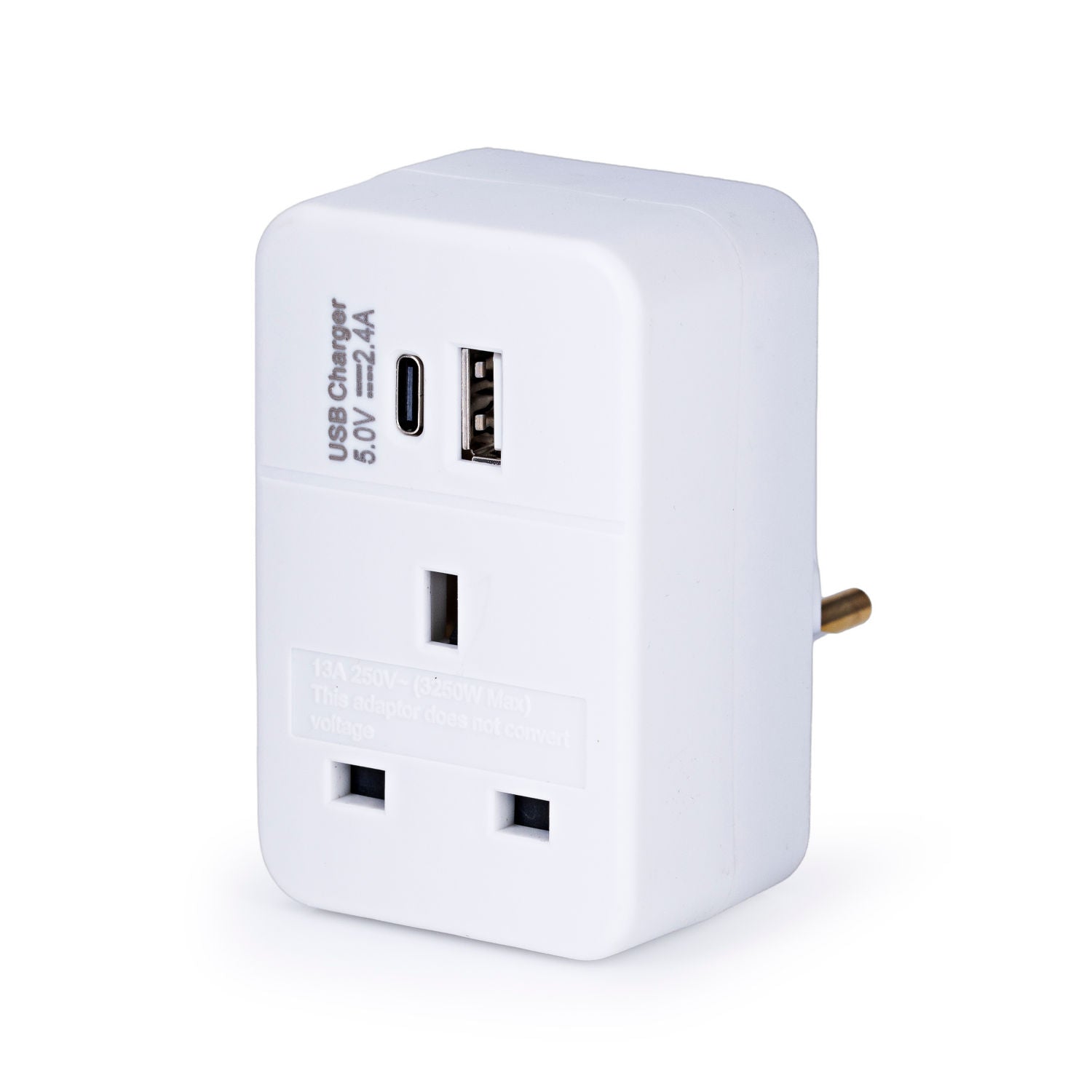 European travel adaptor with USB-A and USB-C ports, UK version
