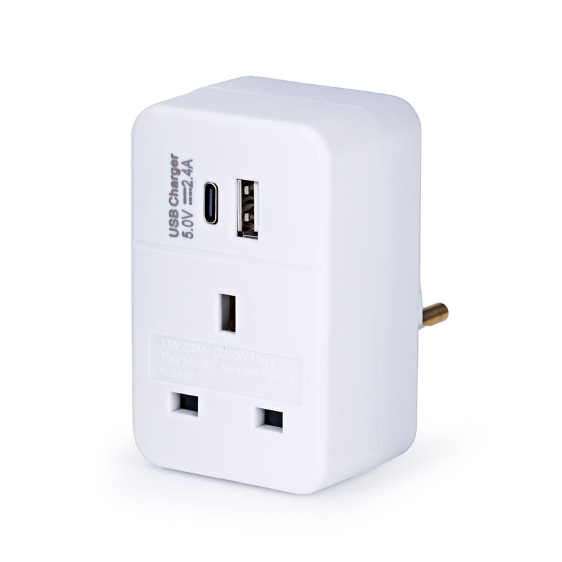 European travel adaptor with USB-A and USB-C ports, UK version