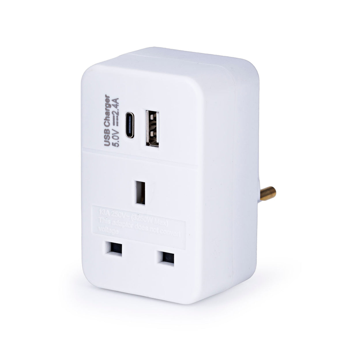 European travel adaptor with USB-A and USB-C ports, UK version