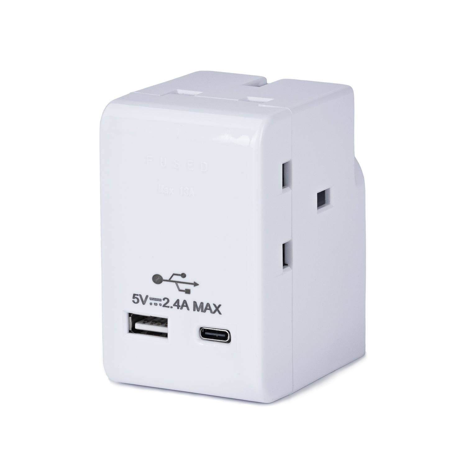 3 way adaptor with USB A and USB C ports white, UK version