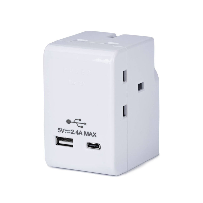 3 way adaptor with USB A and USB C ports white, UK version