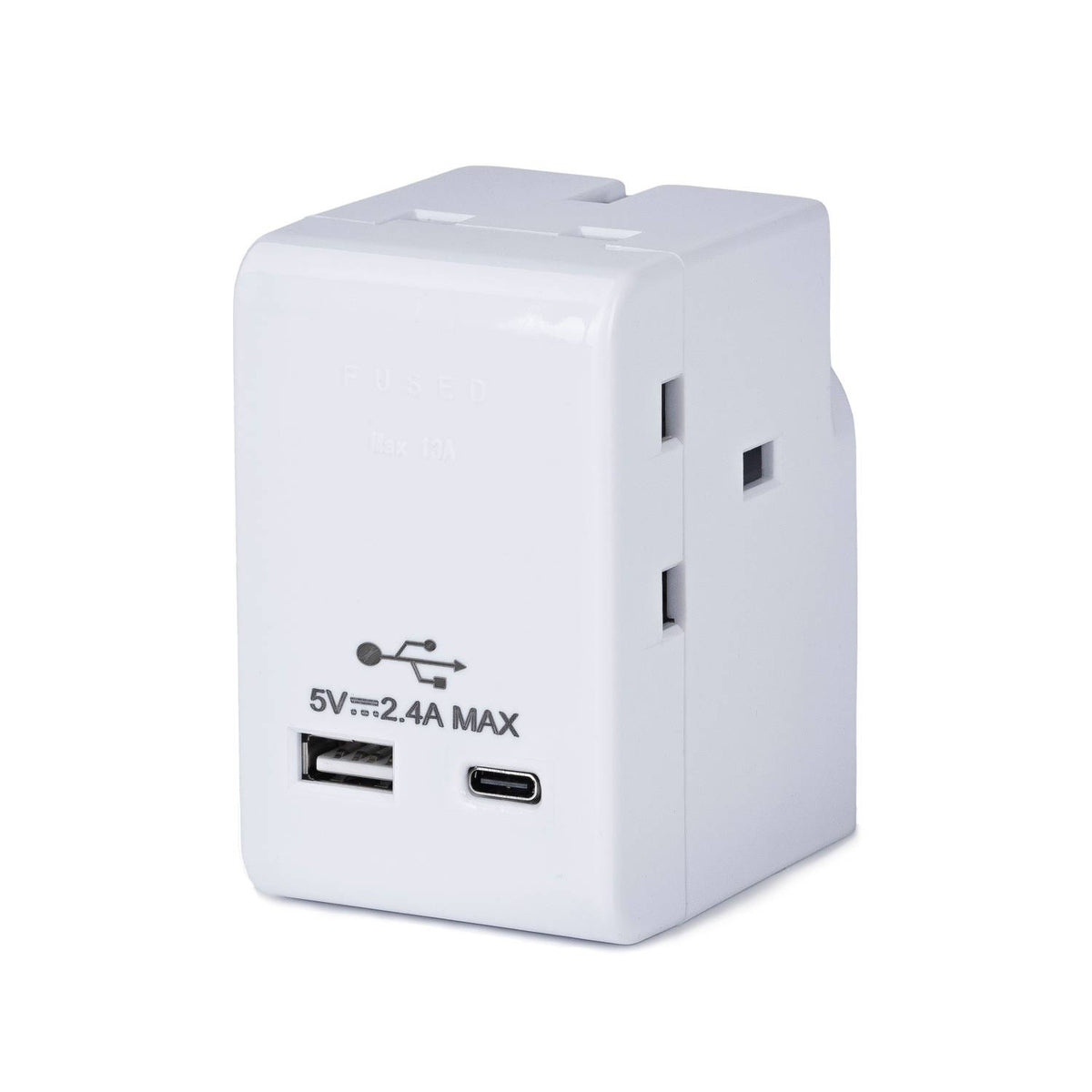 3 way adaptor with USB A and USB C ports white, UK version
