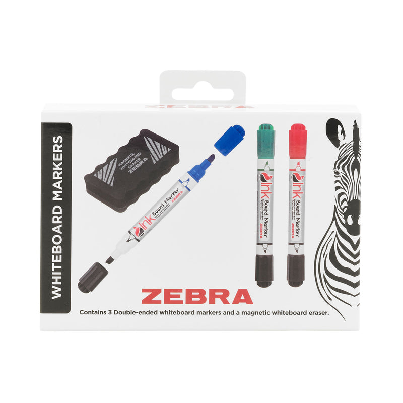 Zebra 3 double-ended whiteboard markers and magnetic eraser (British brand)