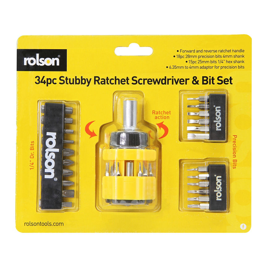 Rolson 34pc Stubby Ratchet Screwdriver & Bit Set