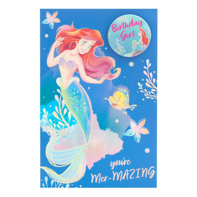 Geburtstagskarte mit Disney Ariel-Motiv, Abzeichen, Umschlag 21,6 x 14,3 cm