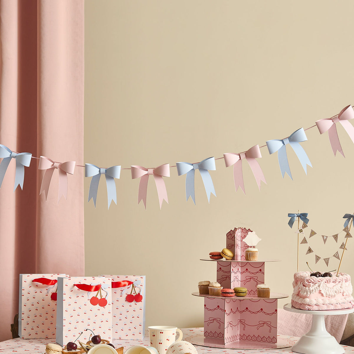 Pink and blue 3D bow card garland 2.5m, imported from the UK