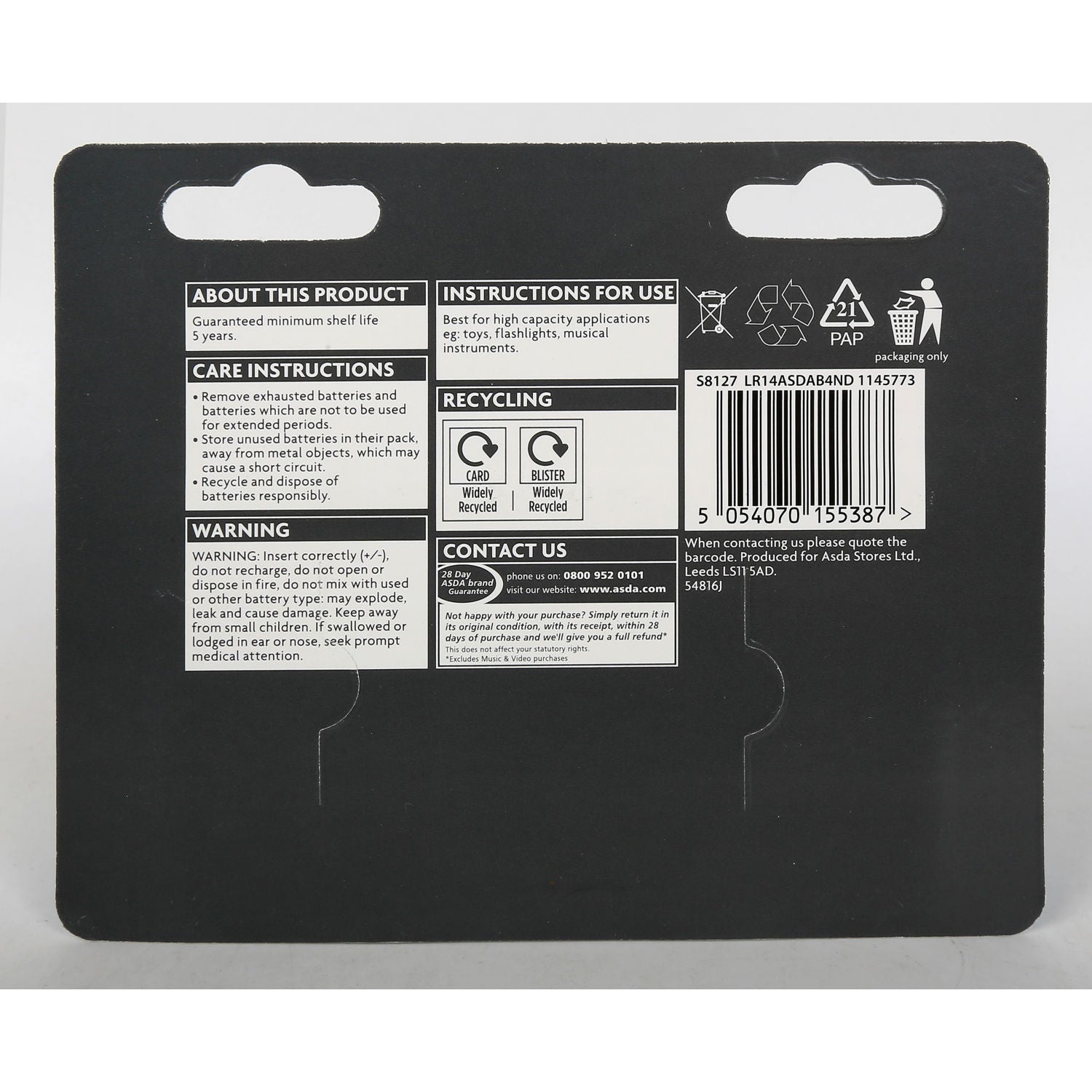 ASDA Long Life alkaline C batteries 4 pack, UK version