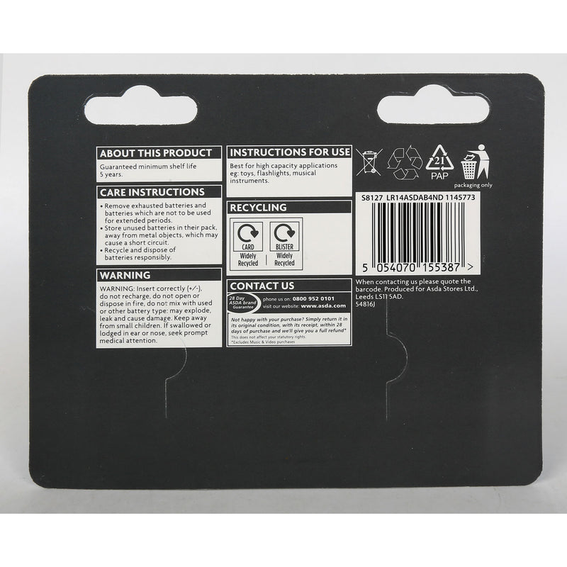 ASDA Long Life alkaline C batteries 4 pack, UK version
