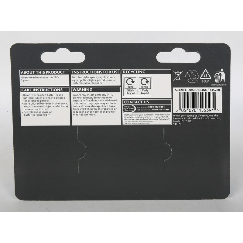 ASDA D batteries 4 pack - British product