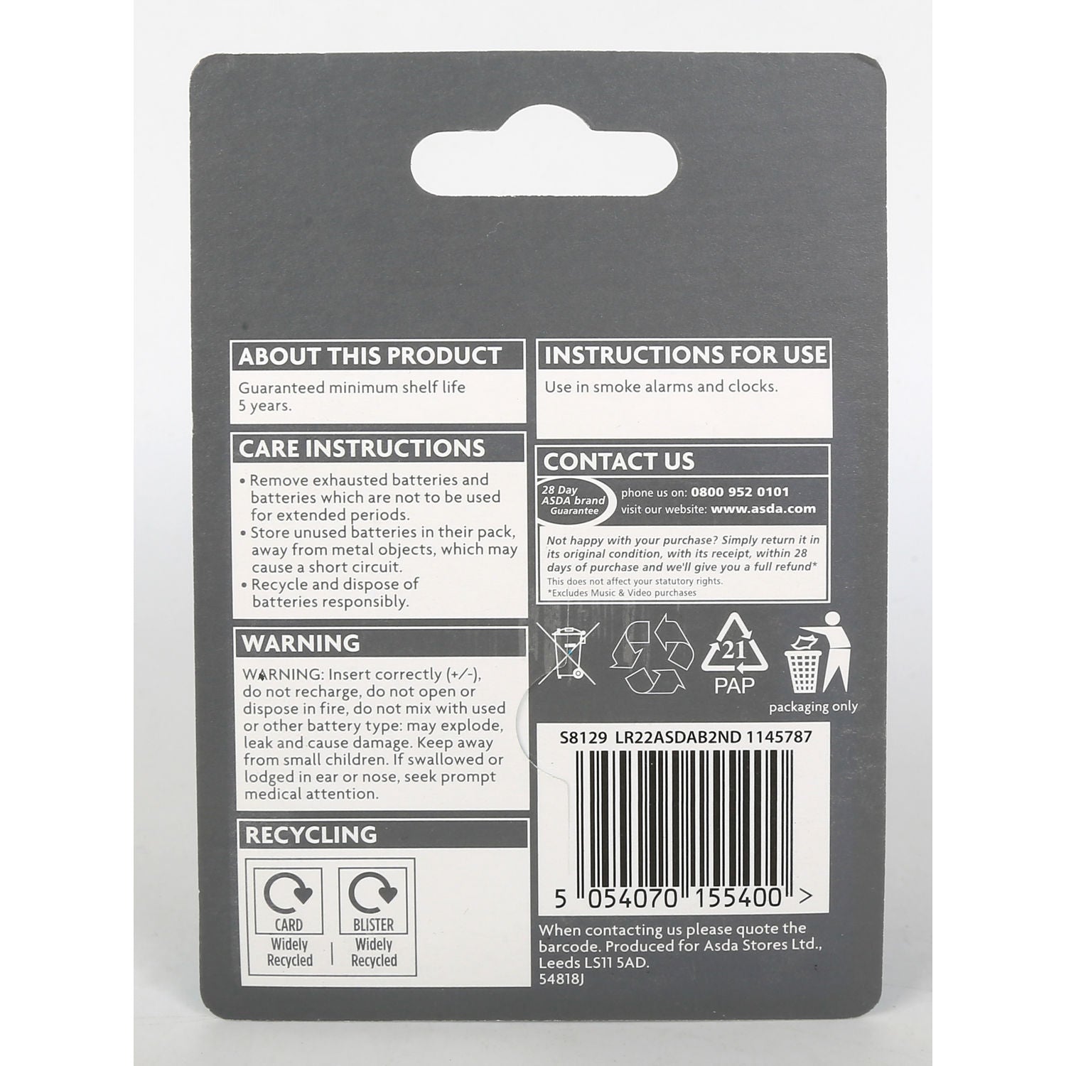 ASDA Long Life Alkaline 9V battery 2-pack - British product
