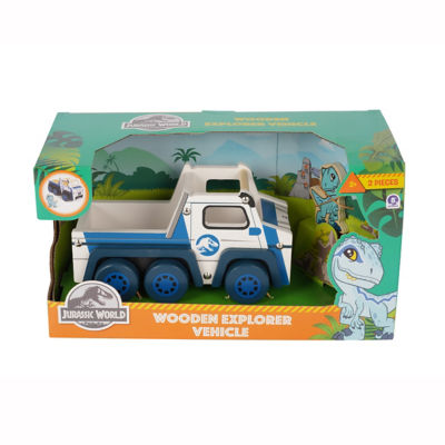 Jurassic World wooden 6x6 vehicle with Blue the Raptor toy, UK version