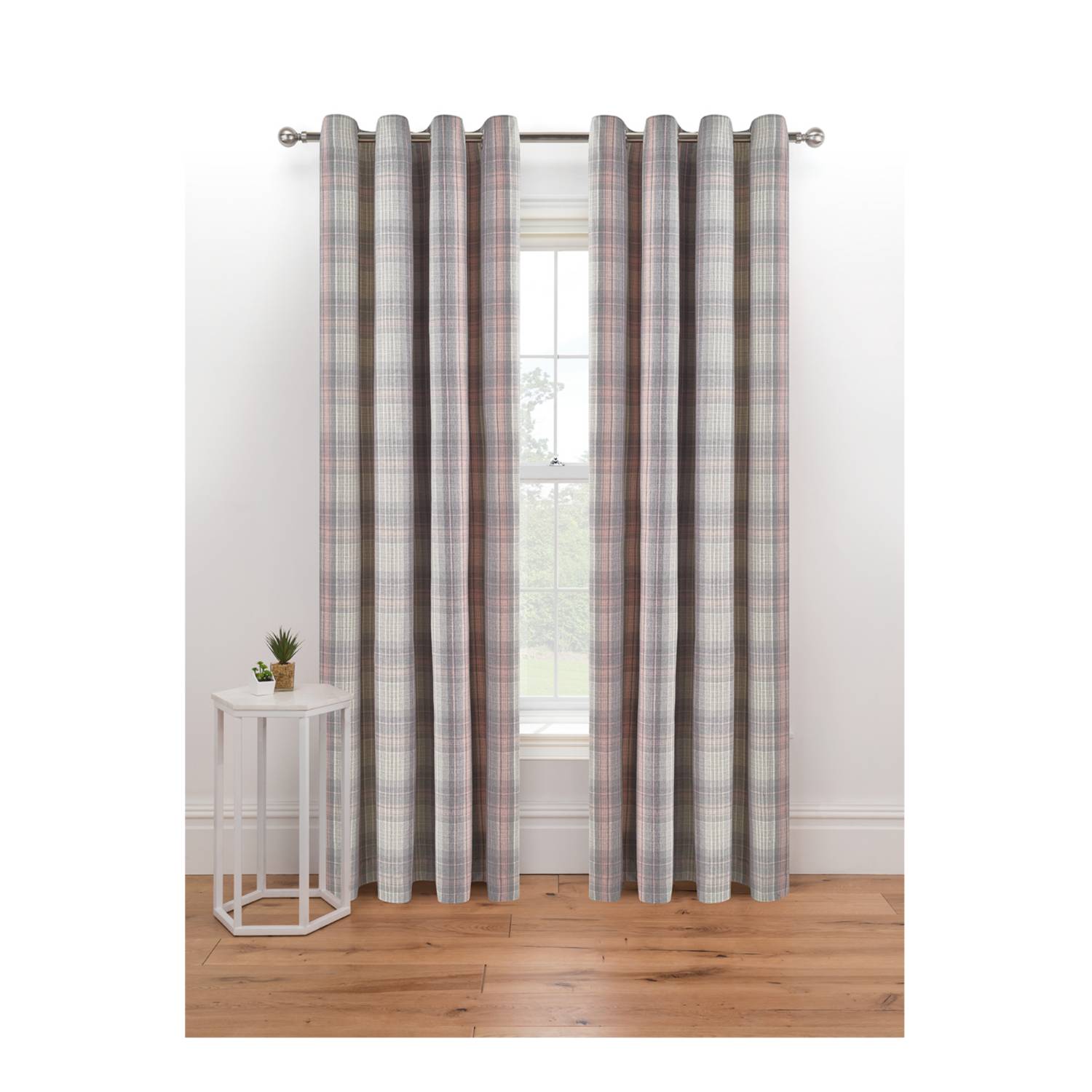 George Home pink and grey woven check curtains, imported from the UK