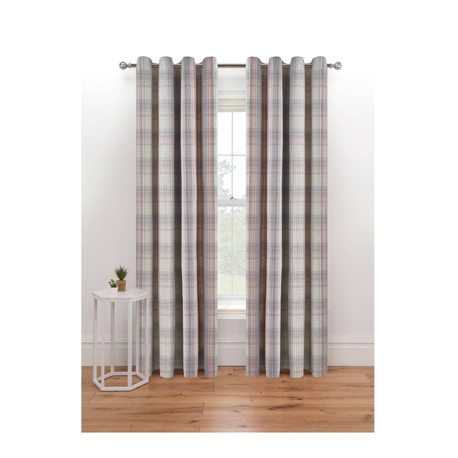 George Home woven check eyelet curtains pink grey - British product