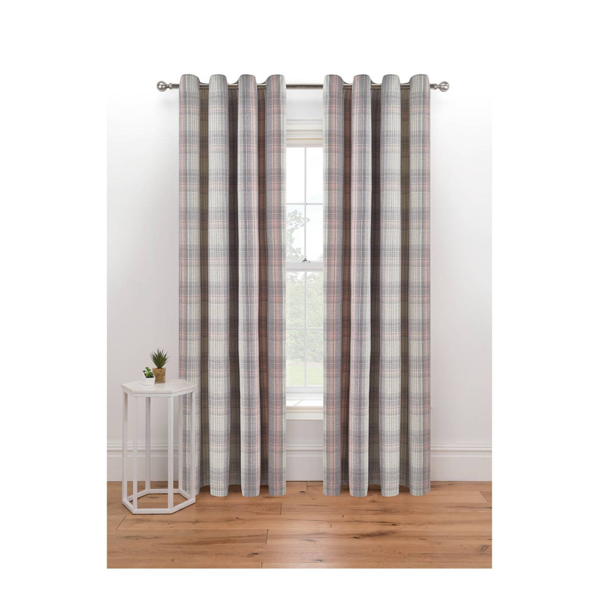 George Home woven check eyelet curtains pink grey - British product