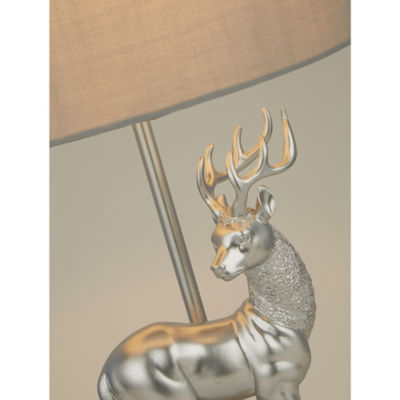 George Home silver stag table lamp with grey shade, imported from the UK