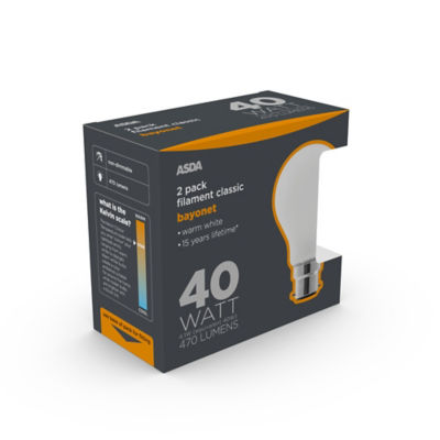 ASDA LED filament bulb warm white 40W 2-pack, imported from the UK