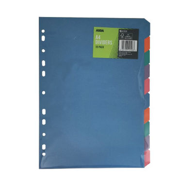 Séparateurs A4 ASDA, lot de 10, couleurs assorties, papeterie