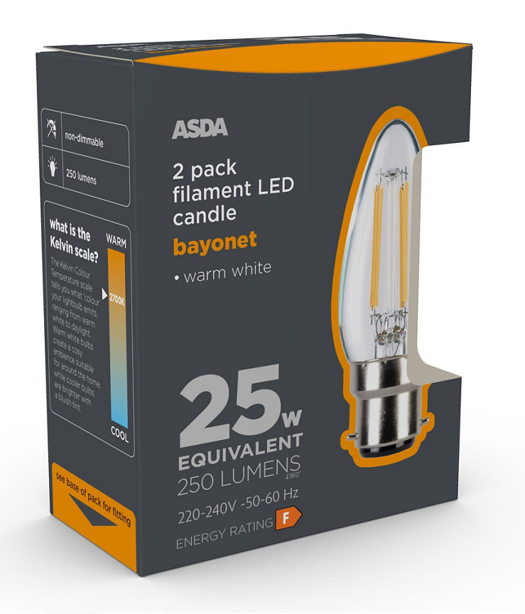 ASDA LED Filament Candle 25W Large Bayonet Clear Lightbulb GOODS ASDA   