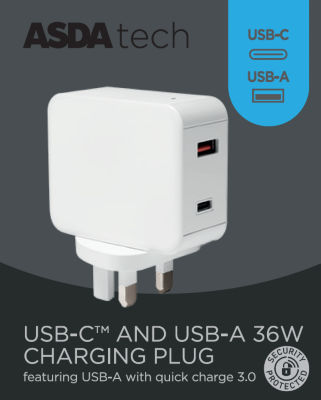 شاحن شبكة ASDA بتقنية USB-A و USB-C بقوة 36 واط