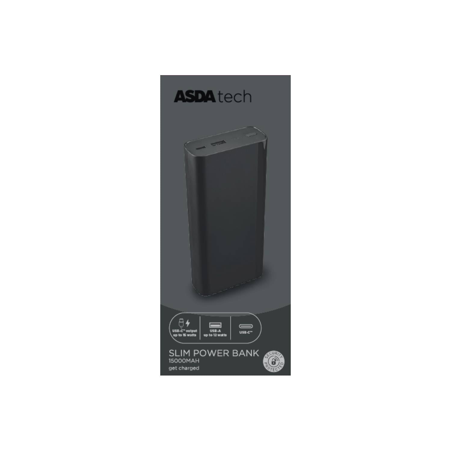 ASDA slim powerbank 15000mAh Black, imported from the UK