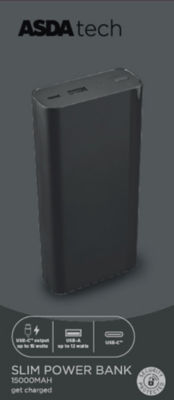 ASDA Tech Slim Powerbank – Schwarz 15,000 mAh