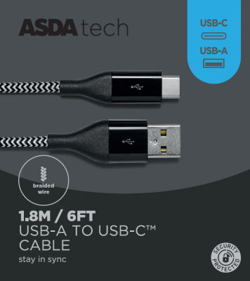 ASDA ASDA Tech USB-A til USB-C Kabel Svart USB Kabel 1.8m - Kjøp online hos McGrocer