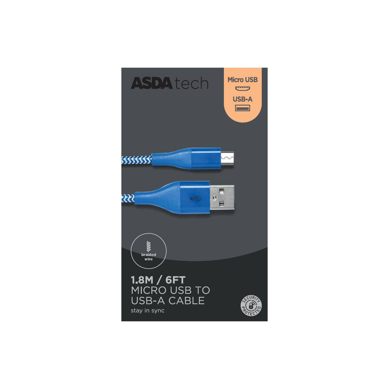 ASDA micro USB cable braided blue 1.8m, imported from the UK