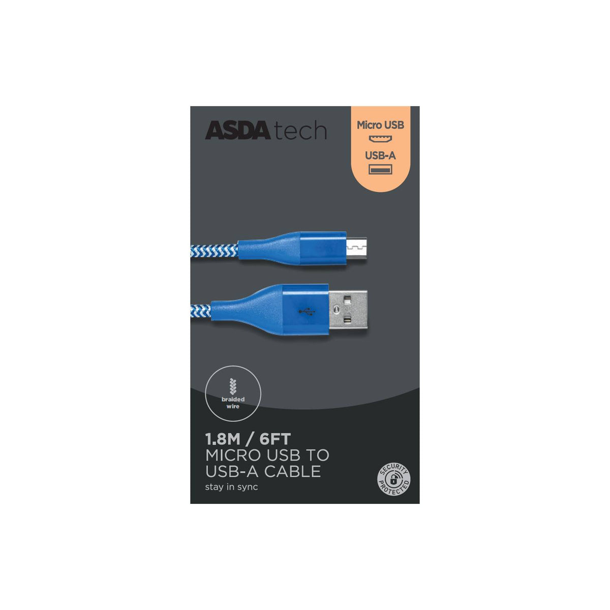 ASDA micro USB cable braided blue 1.8m, imported from the UK