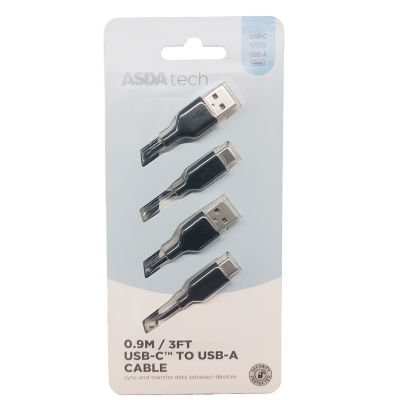 ASDA USB-C cable Black 0.9m 2pk - British product