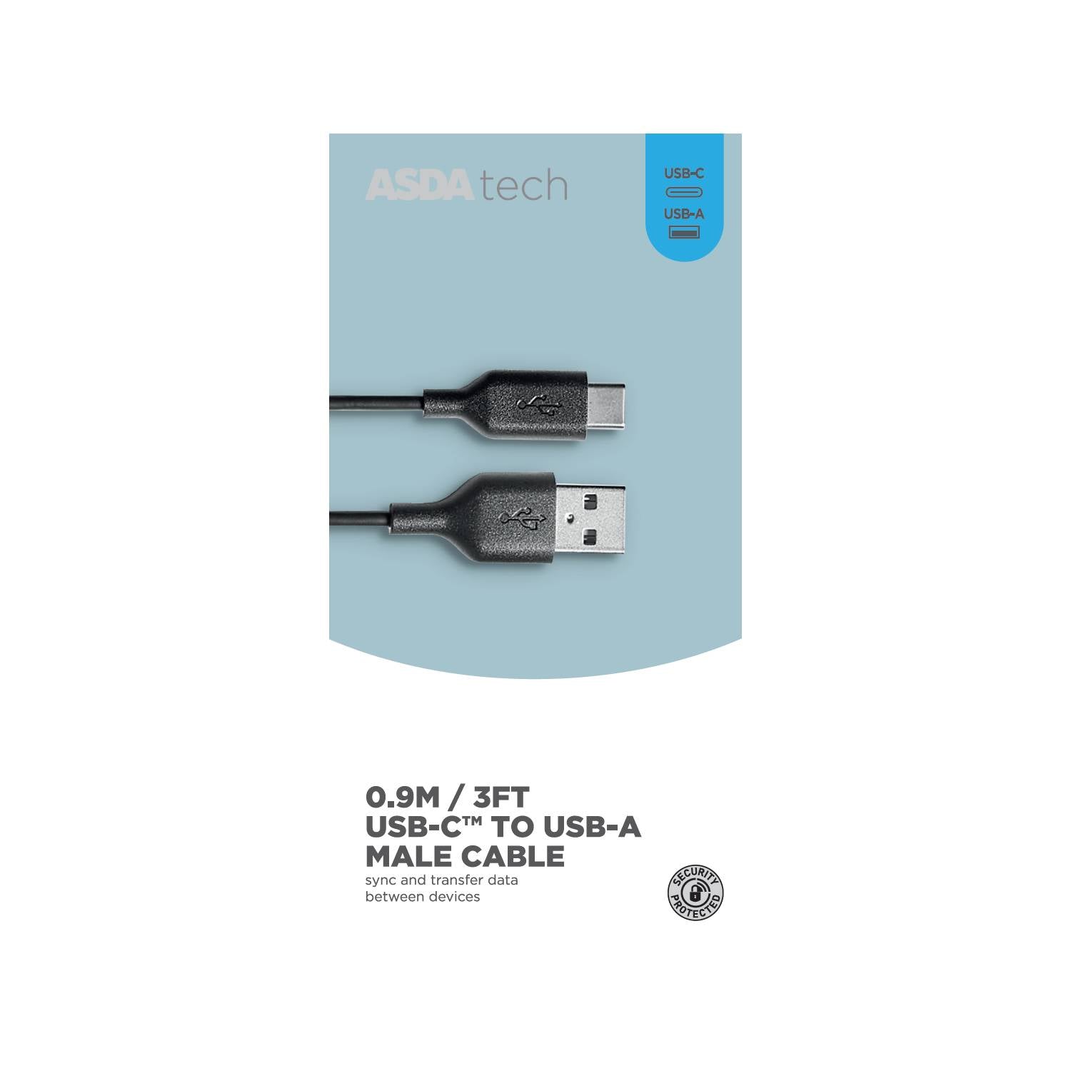 ASDA Tech USB-A to USB-C cable black 0.9m (British brand)