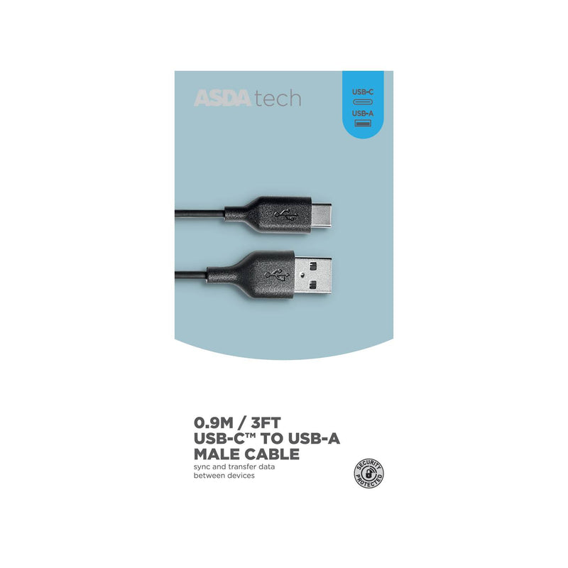 ASDA Tech USB-A to USB-C cable black 0.9m (British brand)