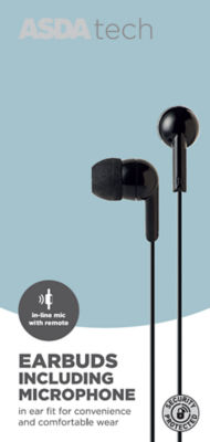 ASDA Tech wired earbuds black - British product