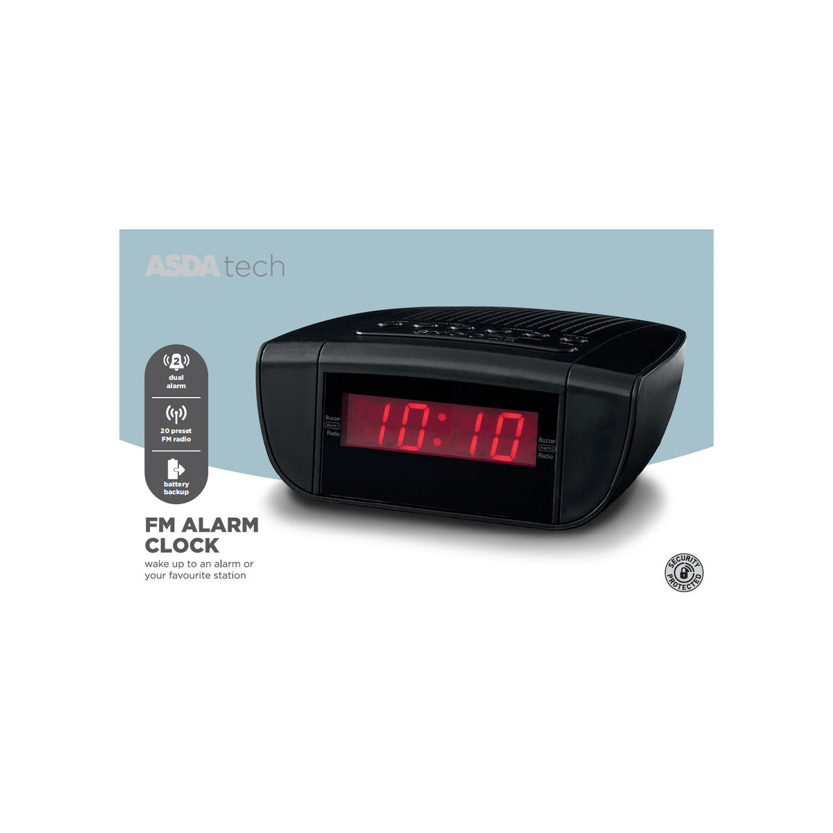 ASDA digital alarm clock with FM radio and dual alarms - British product