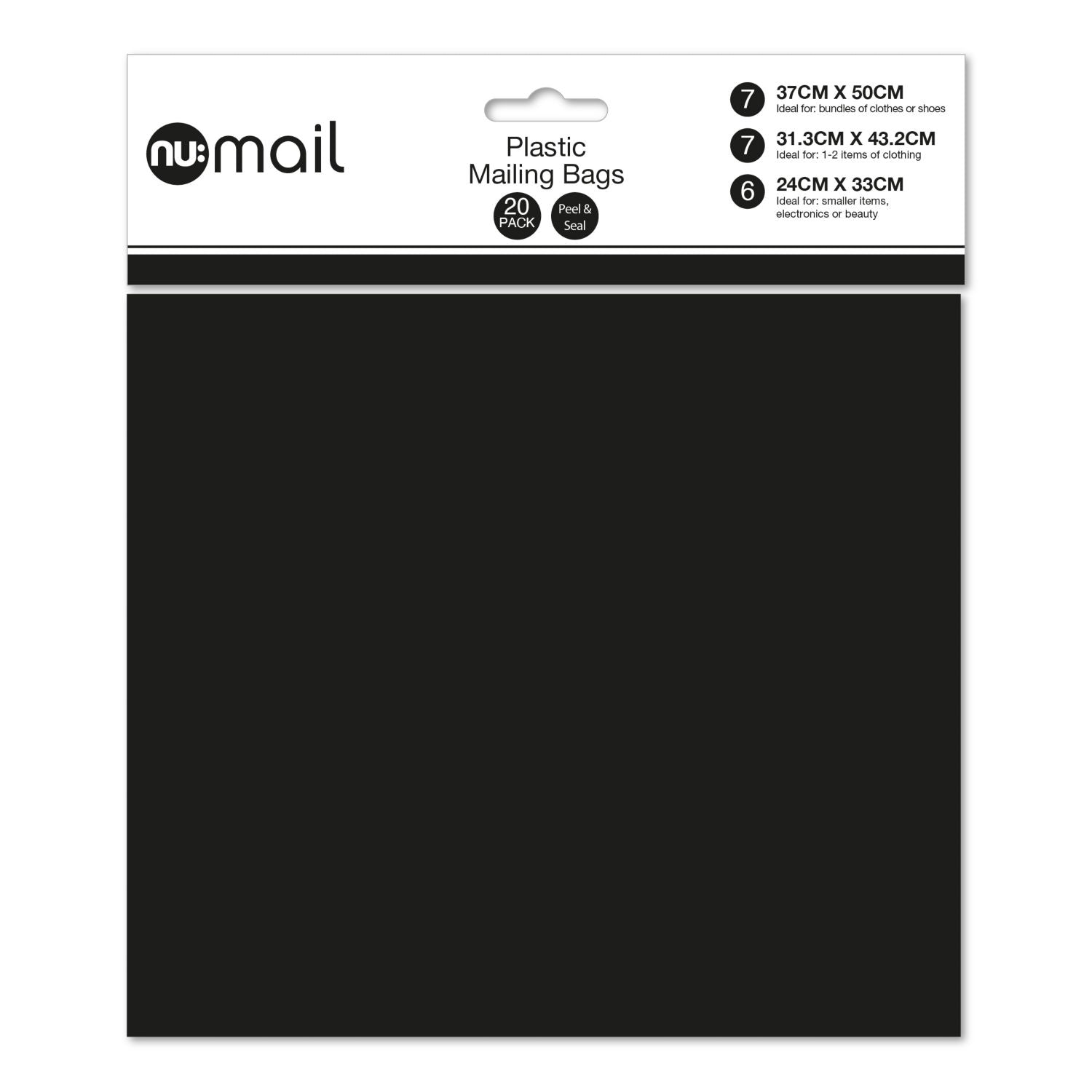 Nu mailing bags black 20 pack, UK version