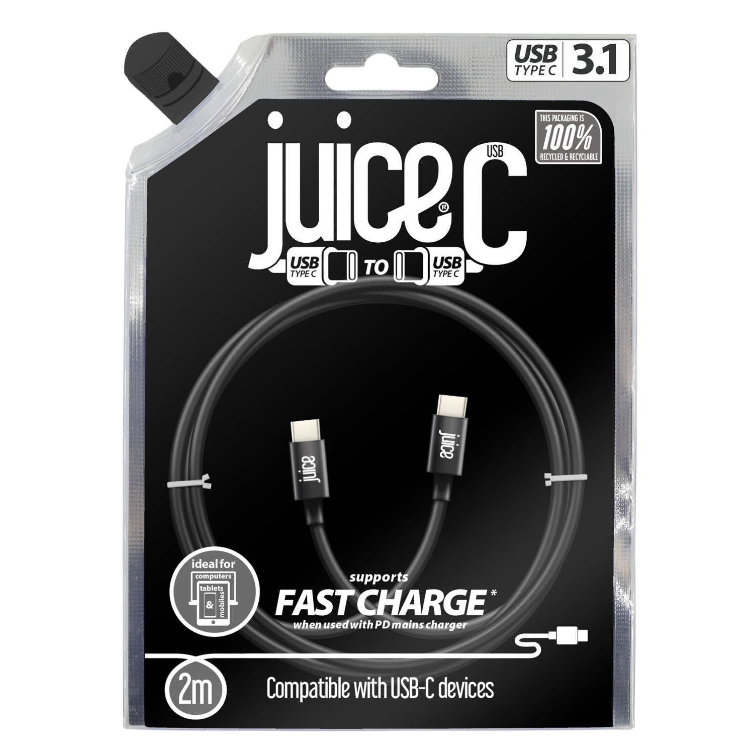 Juice USB-C cable black braided 2m, imported from the UK