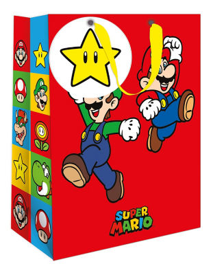 Super Mario gift bag with ribbon handles and tag, imported from the UK