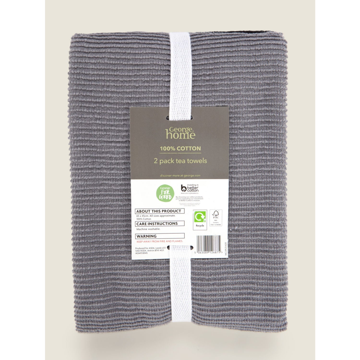 George Home Black Grey Ribbed Tea Towels, UK version