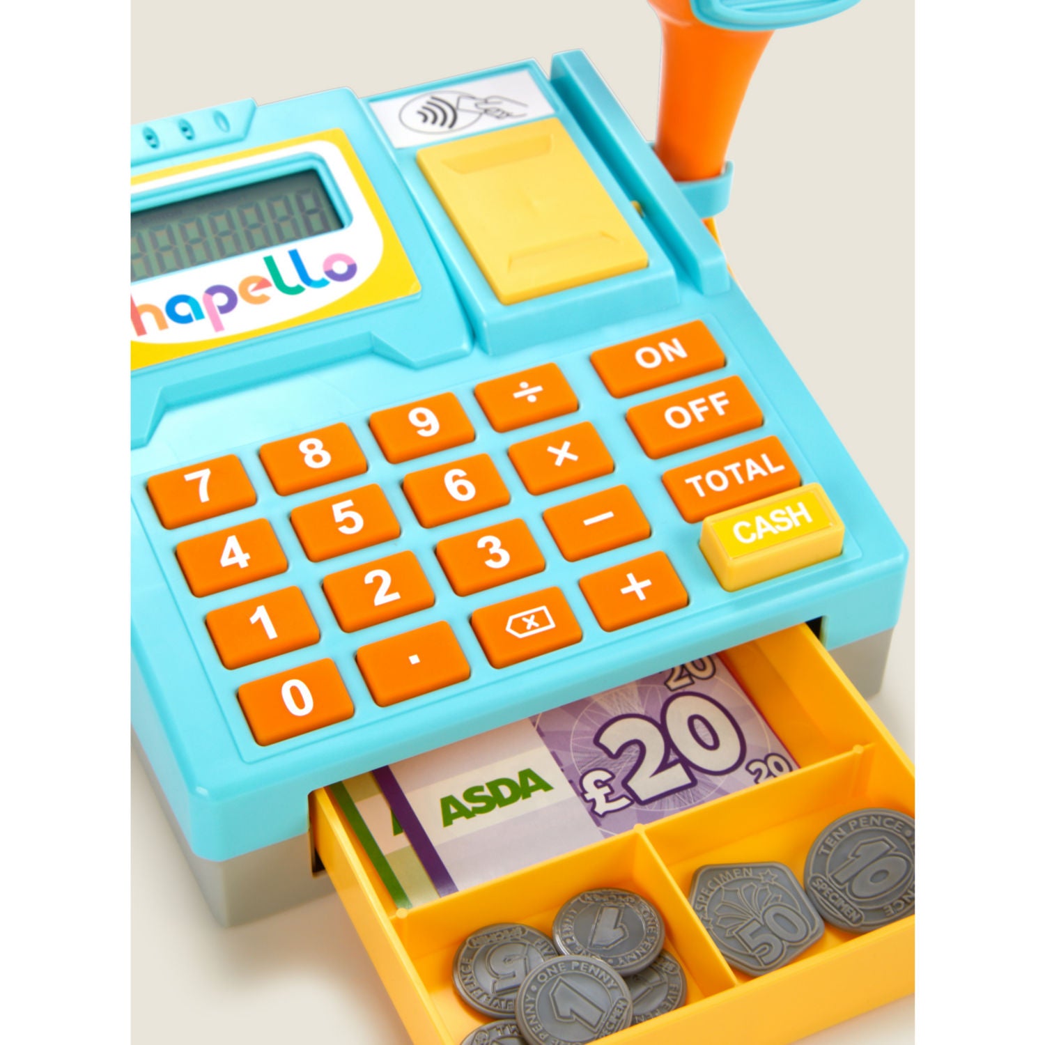 Hapello Asda cash register toy with calculator and play money, UK version