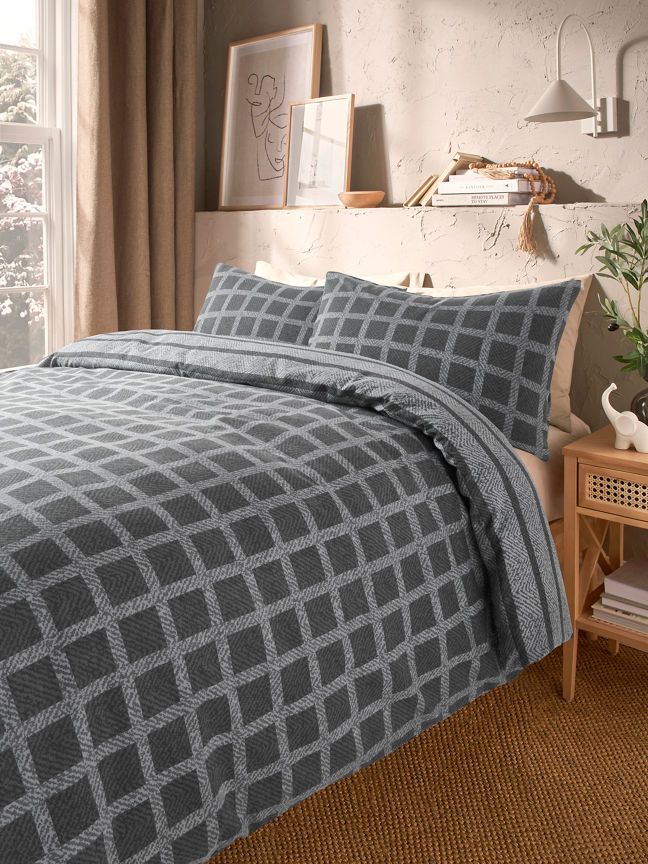 George Home Grey Brushed Herringbone Grid Check Duvet Set - King