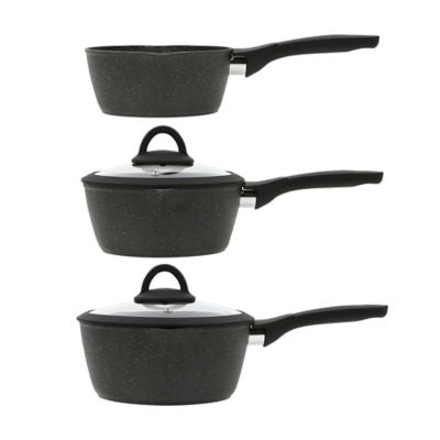 Black marble effect saucepans set of 3 soft grip, imported from the UK