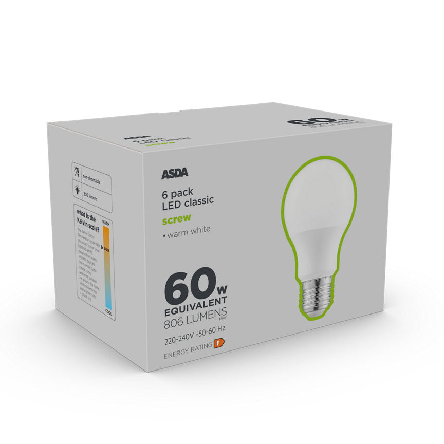 ASDA LED Classic 60W Large Screw Lightbulb 6PK GOODS ASDA   