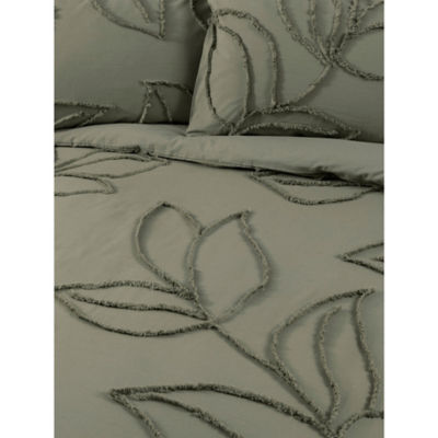 George Home green luxury cotton tufted leaf duvet set super king - British product