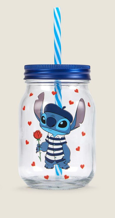 George Home Disney Stitch Mason Jar With Straw GOODS ASDA   