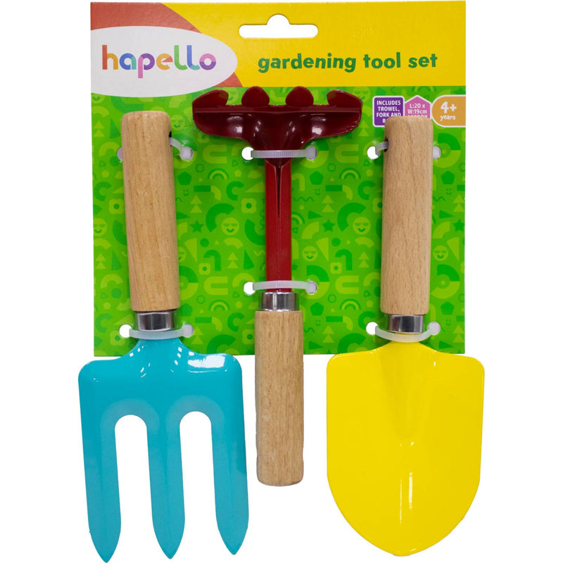 Hapello kids gardening tool set with metal and wood handles - British product