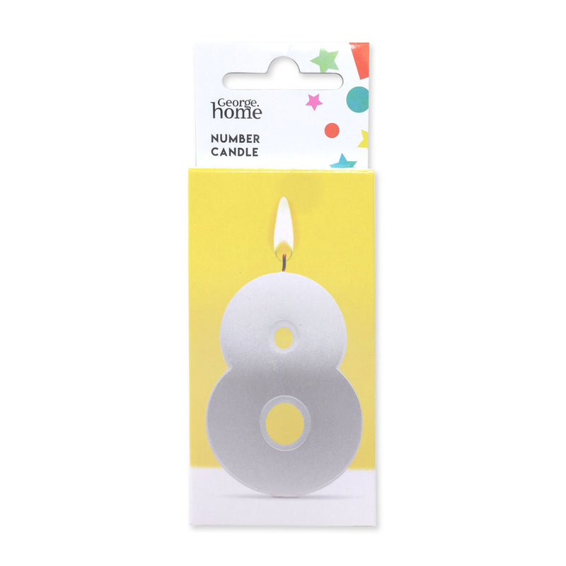 George Home number 8 glitter candle white silver (British brand)