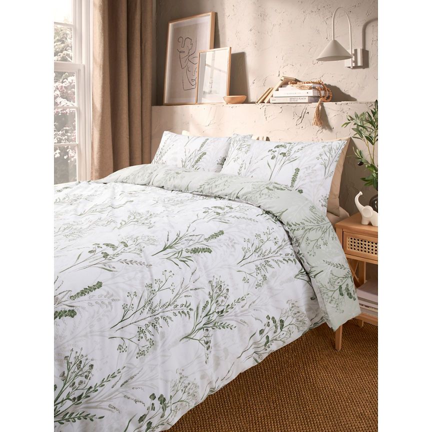 George Home Green & White Inky Sprigs Reversible Duvet Set -King GOODS ASDA   