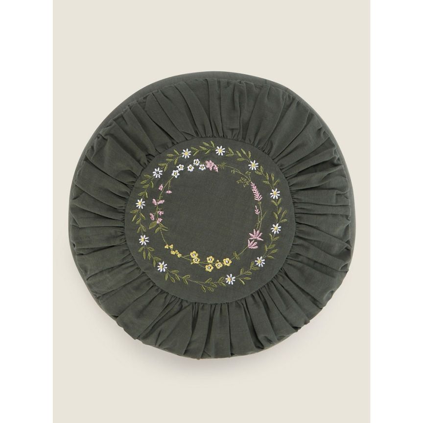 George Home Green Circular Floral Embroidered Cushion